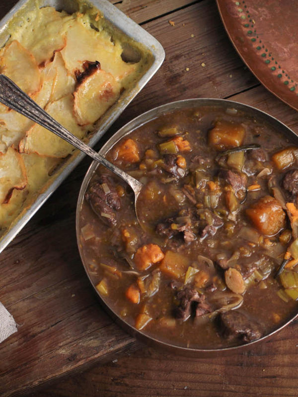 Venison casserole with celeriac gratin
